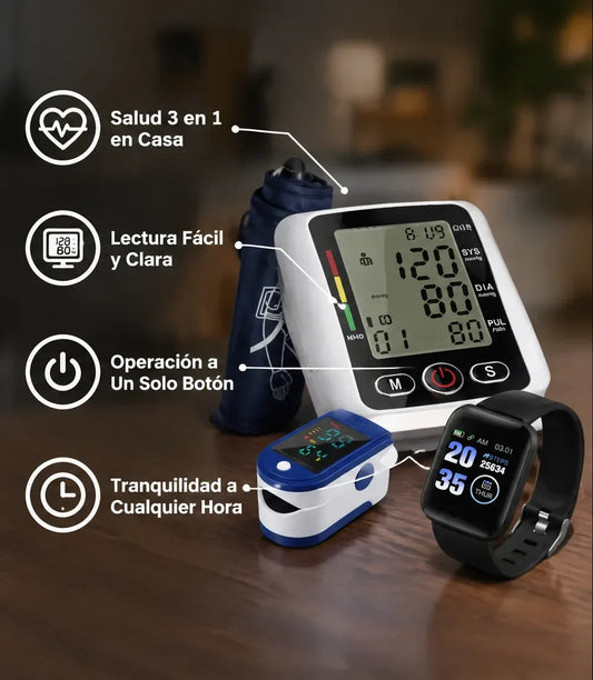 Combo Vital Kit: Tensiómetro de Brazo Digital + Oxímetro de Dedo + Smartwatch