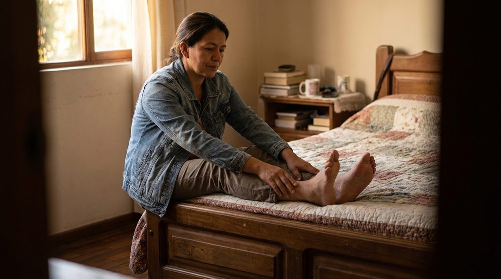 Mujer descansando los pies después de un largo día de trabajo